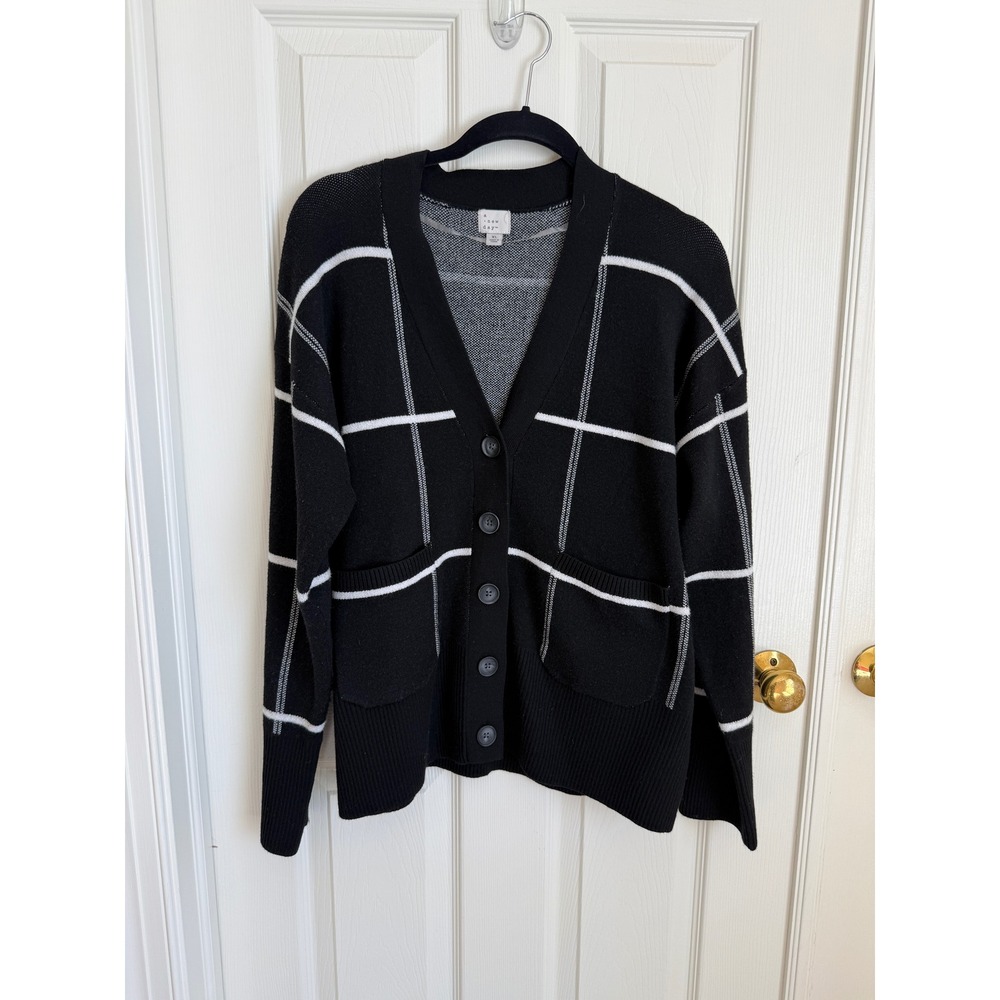 A New Day Black White Windowpane‎ Plaid Button Front Cardigan Sweater XL